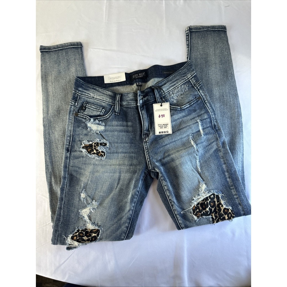 Judy Blue Distressed Skinny Jeans with Leopard Accents - Blue